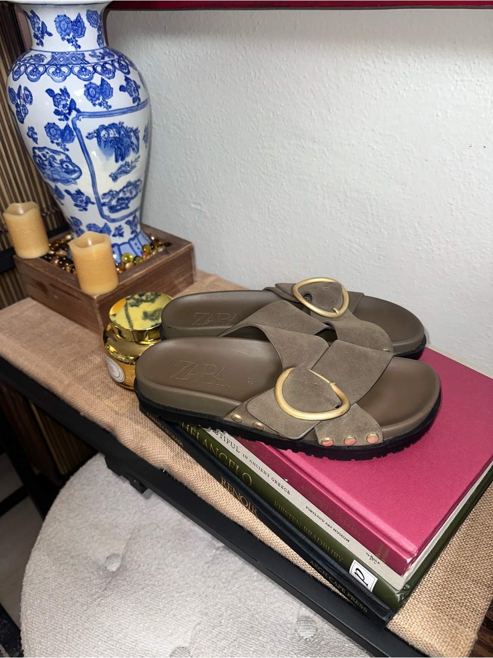 Zara Olive Green Suede Slide Sandals with Gold Buckle Size 37 - Picture 3 of 7